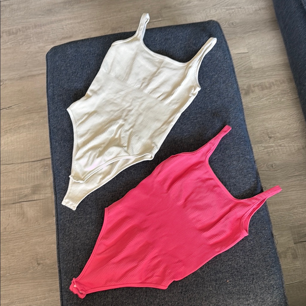 Amazon Essentials Women's Ribbed Bodysuits - Cream And Pink
